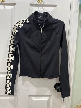 Tory Burch Black Zip-Front Bomber Jacket with Cream Logo Sleeve Stripe